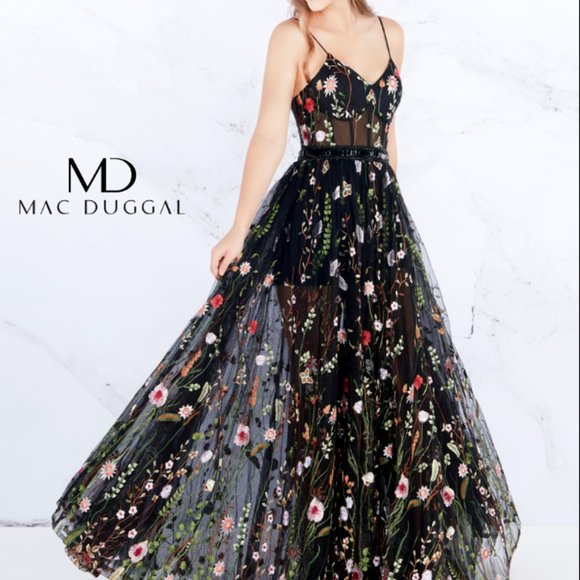 MAC DUGGAL 62989M EMBROIDERED FLORAL ILLUSIONS BEADED WAIST BALL-GOWN sz 0 - Picture 1 of 5